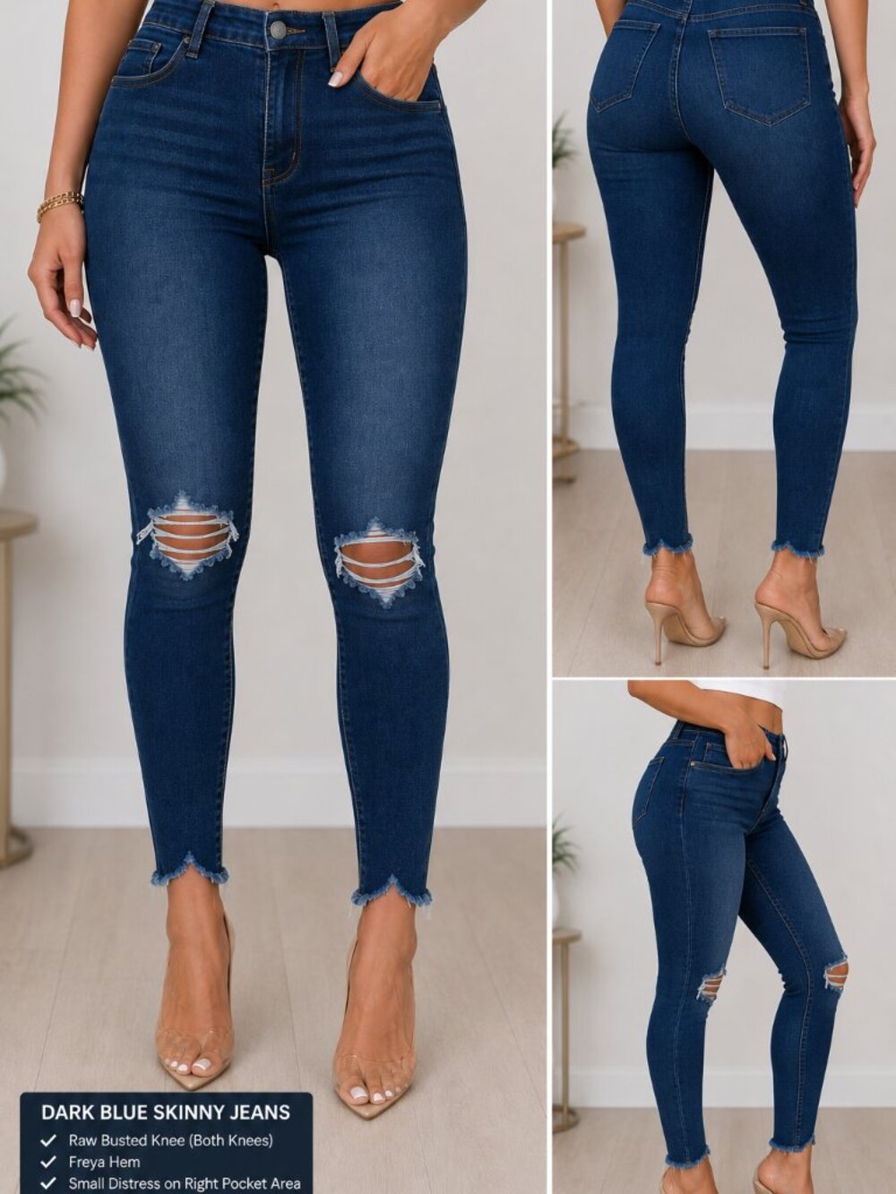 Free People Navy Dark Wash Ripped Skinny Jeans Fray Hem Indigo Size 31 Stretchy
